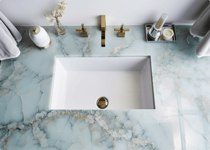 Pastel blue patterned quartz bathroom countertop with a rectangle sink and brass fixtures