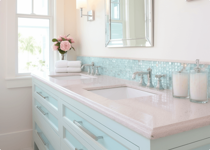 Bathroom in pastel tones with quartz countertops