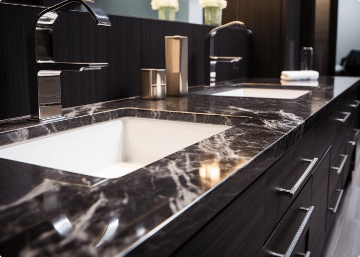 Rich black quartz bathroom countertop with bold veining