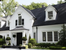 Image of a classic white house with a black shingle roof