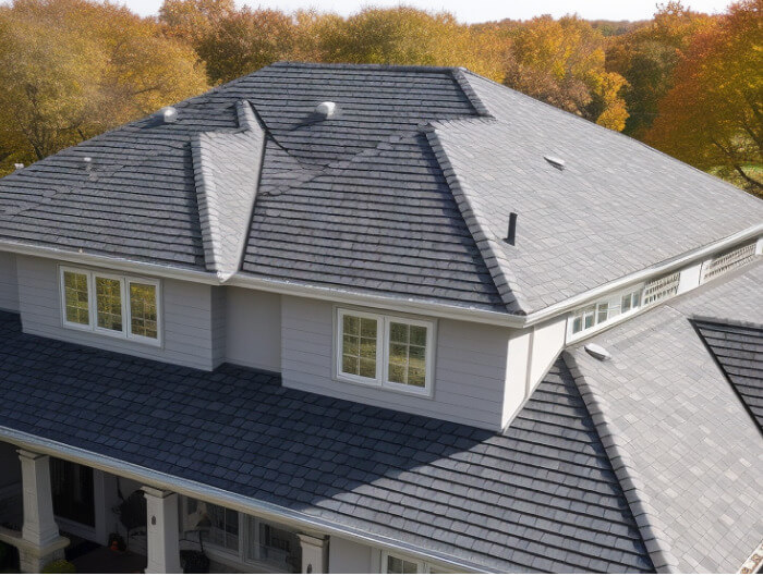 Image of a home's roof with gray shingles