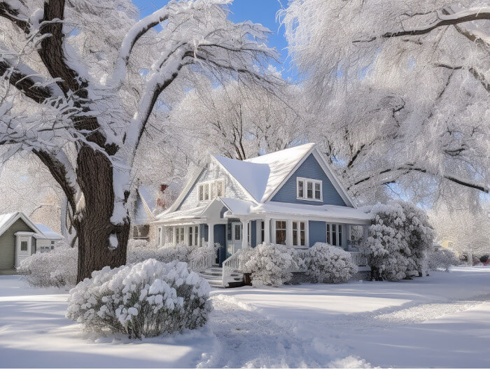 Image of a property including land, trees, and home covered in ice and snow, showing the benefit of winter tree trimming