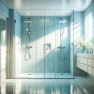 double shower with light blue tile in an airy bathroom