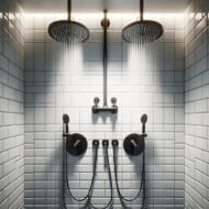 Interior of a double shower with white tile and matte black fixtures