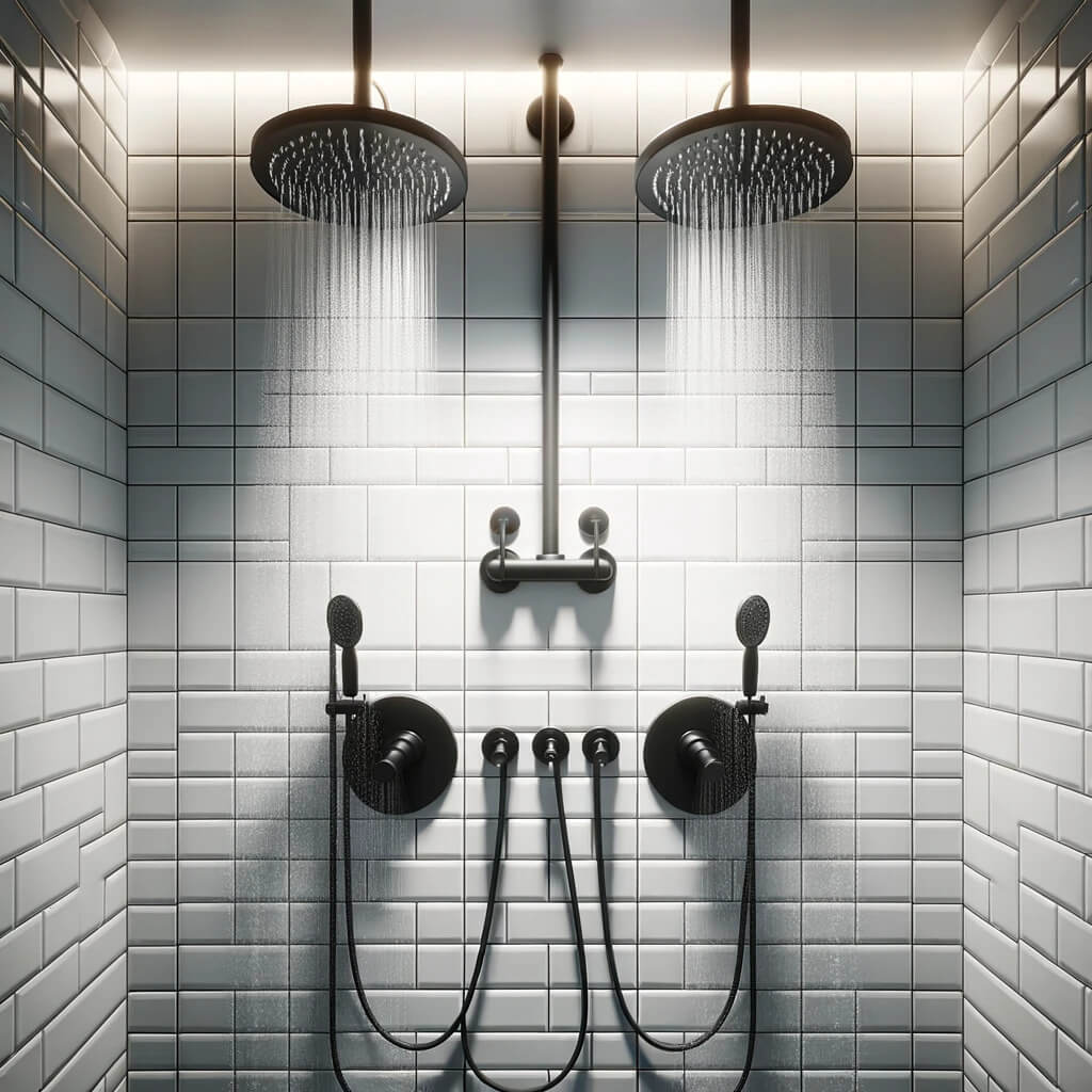 Interior of a double shower with white tile and matte black fixtures