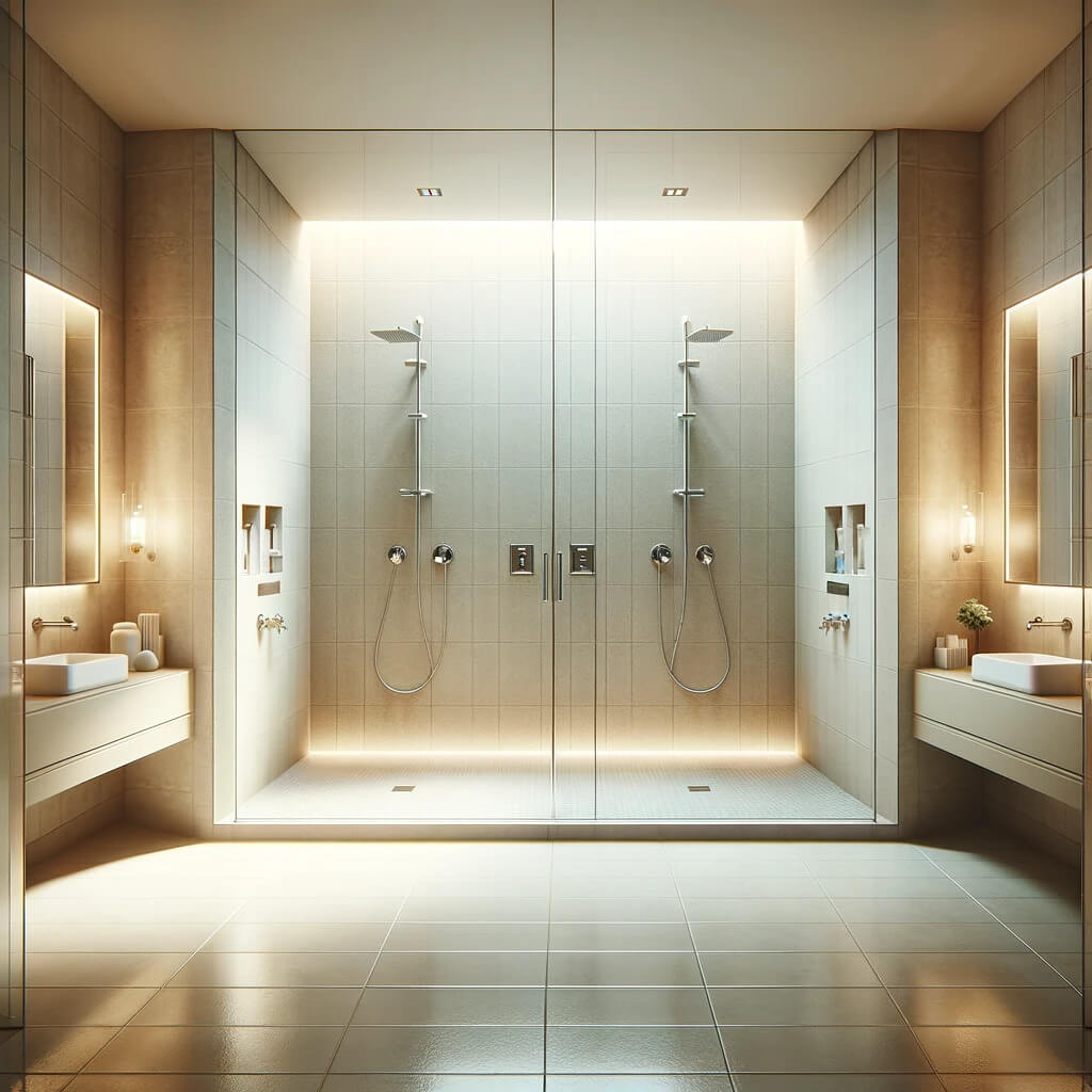A large, luxury double shower in a modern bathroom