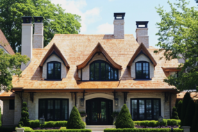 a two story home with brown/tan shingle roof