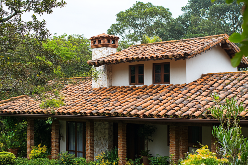 overhead shot of a home with terracota shingle roof