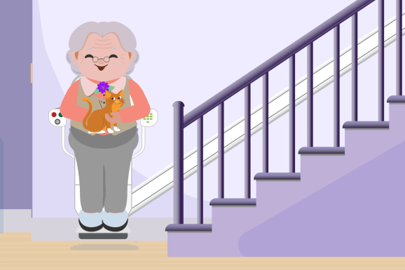 Illustration of a joyful elderly woman holding a cat and using a standing stairlift
