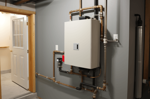 Tankless water heater installed in the garage