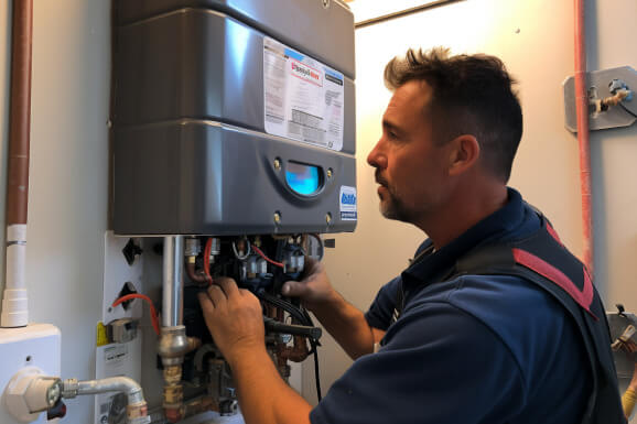 Image of contractor installing a tankless water heater