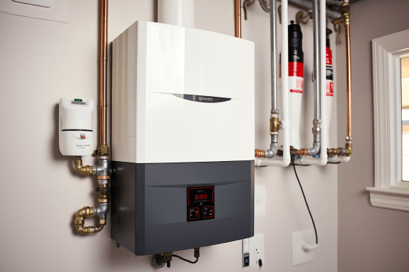Installed, space-saving tankless water heater