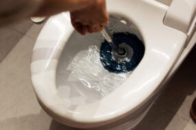 Image of a hand holding a plunger in a toilet