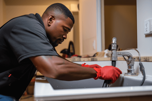 Image of a plumber working on a sink repair