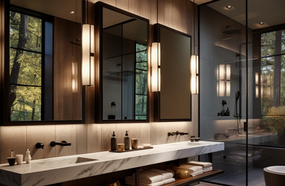 Wall-mounted sconce lights in a dark bathroom