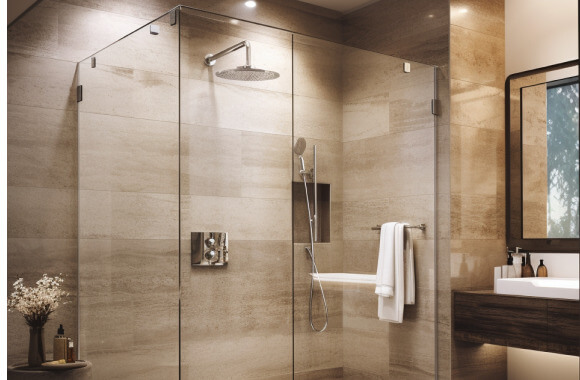 A frameless shower with brushed nickel accents and large, beige horizontal-lay tile walls