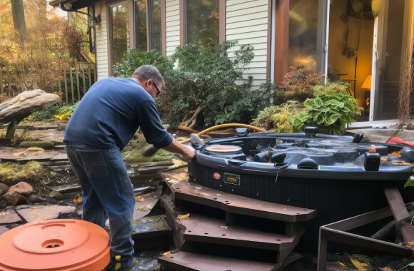 Contractor working to remove a hot tub on a patio