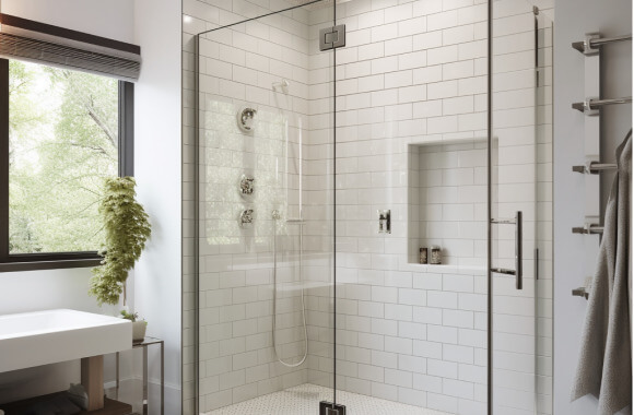 A bright frameless shower with white subway tile