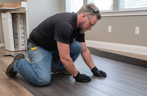 Contractor checking installation of luxury vinyl plank flooring
