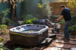 Contractor removing a hot tub on a deck