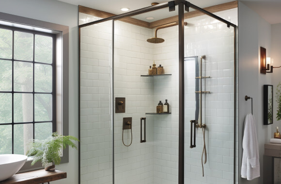 A framed walk-in shower with dark brass accents and fixtures