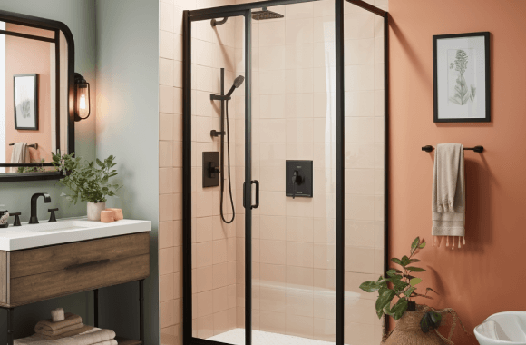 Black framed shower in a bright, colorful bathroom