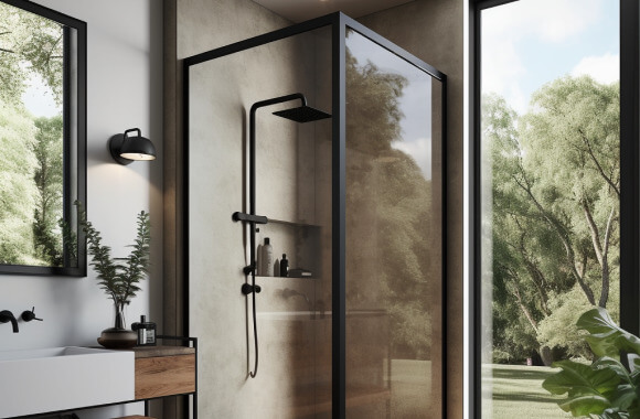 Black framed shower with a large picture window