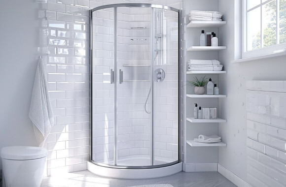 Small corner shower with storage shelves beside it