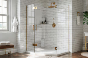 Corner shower with white subway tiles and a frameless glass enclosure