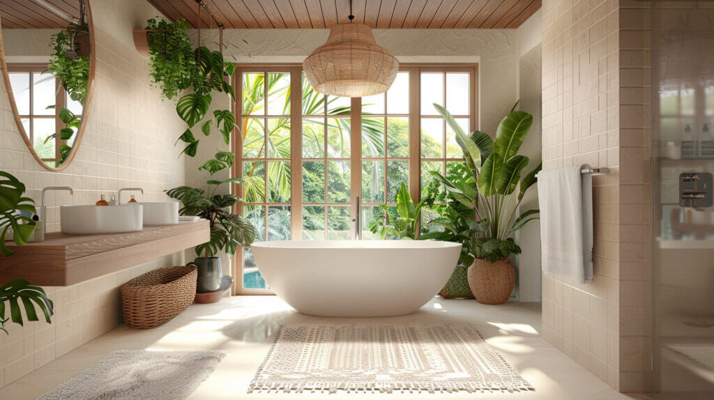 A bathroom with a wicket chandelier, natural materials, plants, and a freestanding tub