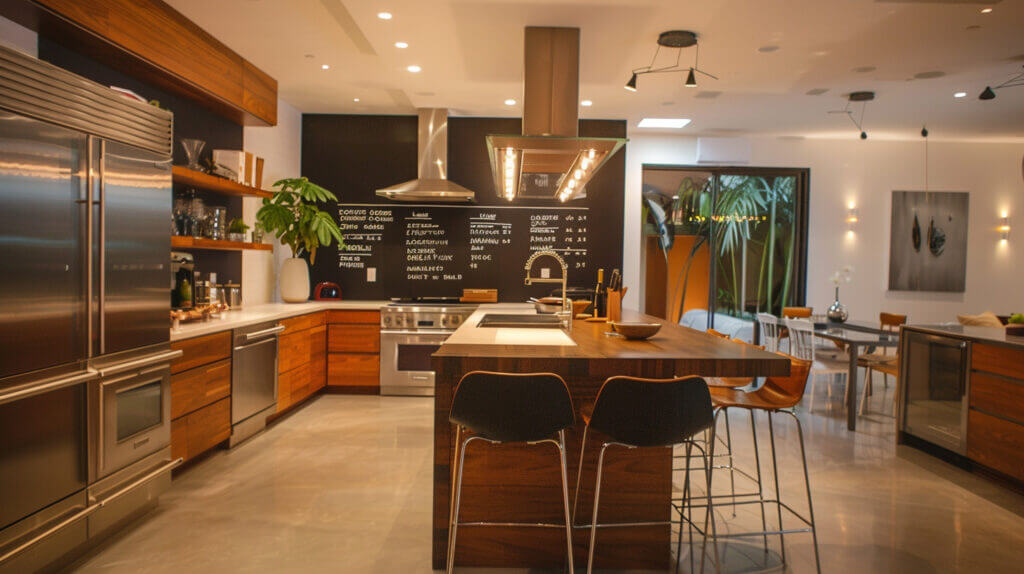 A residential kitchen with a chalkboard wall