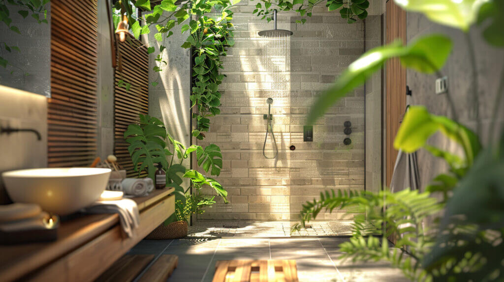 A walk-in shower surrounded by plants for a tranquil escape