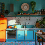An ecclectic blue kitchen with an orange fridge