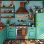 A colorful kitchen with light blue cabinets and a blue fridge