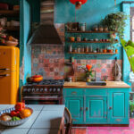 A bright kitchen with blue cabinets and an orange fridge