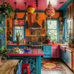 A colorful kitchen bursting with pinks, blues, and oranges