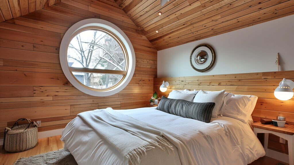 Gorgeous round window in the wall of a bedroom