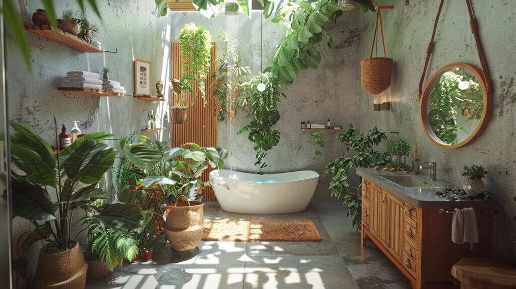 A bathroom bursting with greenery and a freestanding tub