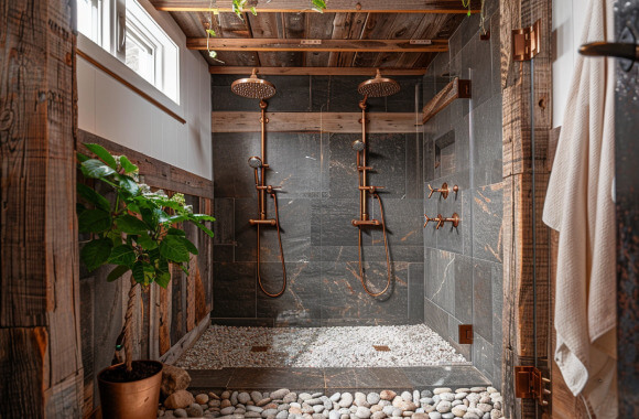 Rustic double shower with copper fixtures
