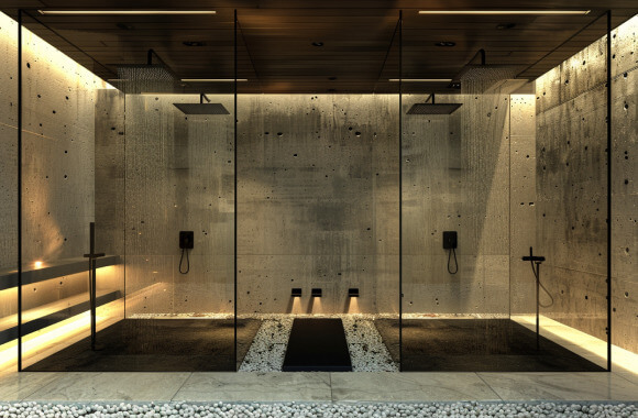 Large double shower with black framed glass and rain showerheads