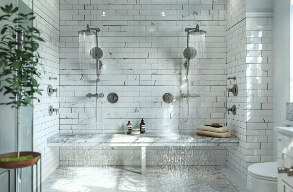 Double shower with a bench, rain showerheads, and white subway tile