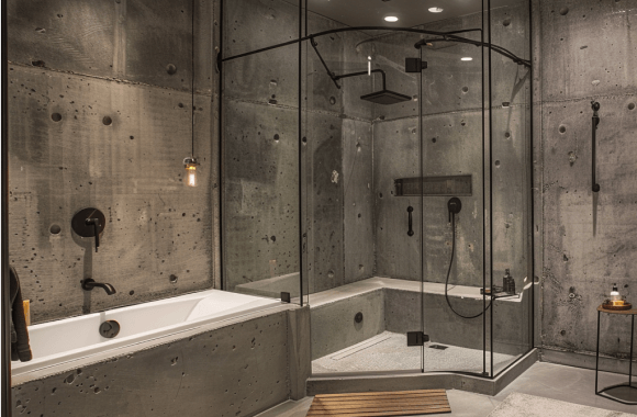 Industrial corner shower with a bench and concrete walls