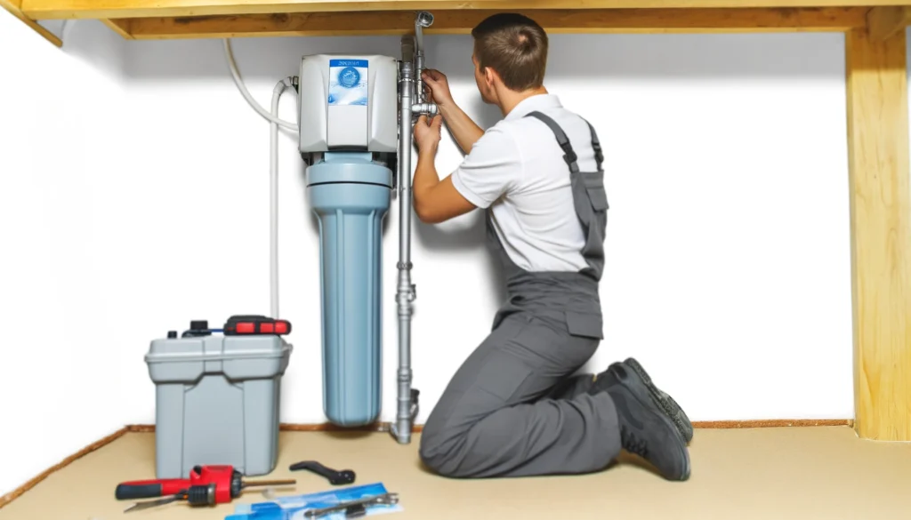 contractor installing a home water filtration and purification system