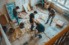 Professional crew removing carpet from room