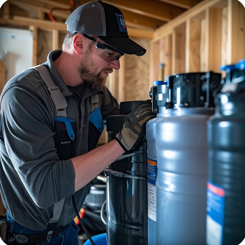 image of a contractor installing a water treatment system in a home