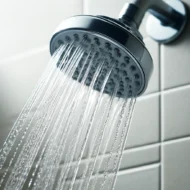 Close-up image of a showerhead during a hot shower in a white tiled bathroom