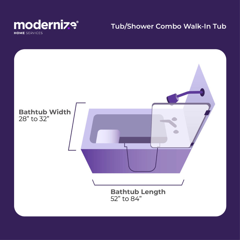 Illustration of a whirlpool walk-in tub with available sizes