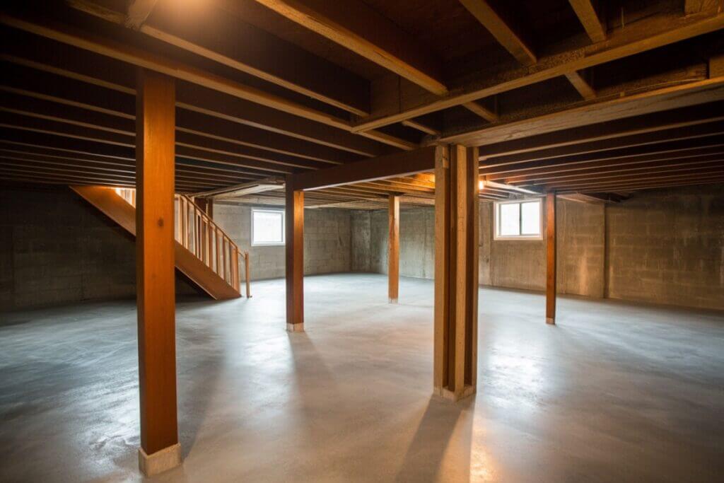 The empty basement of a home with wooden beams