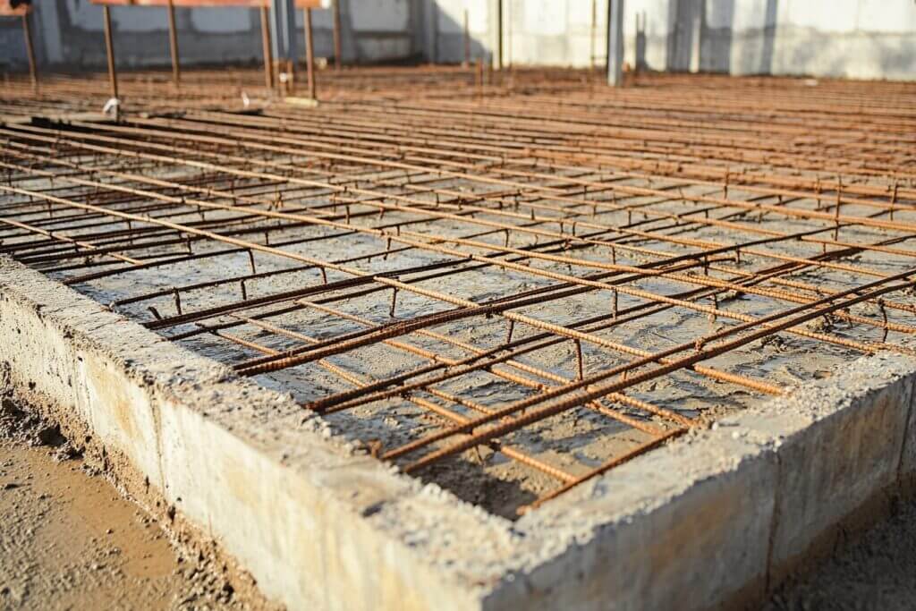 The raft foundation of a home under construction