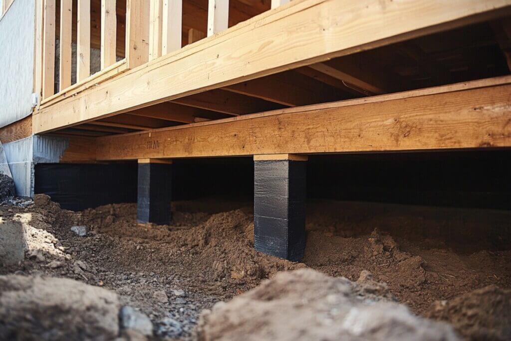 A zoomed in image of the crawl space under a home during construction